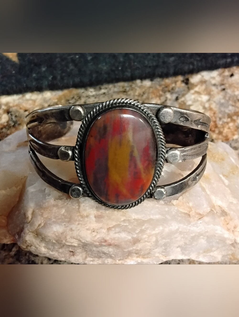 Vintage Sterling Silver Navajo Cuff Bracelet Petrified Wood Cabochon Artisan NPX